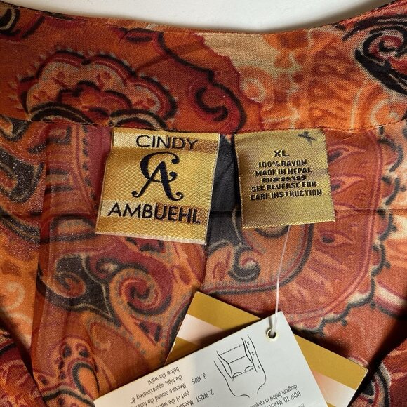 CINDY AMBUEHL QVC Womens Blouse Orange Ruffle Tie Waist Boho Sheer Sz XL NWT - Picture 4 of 11